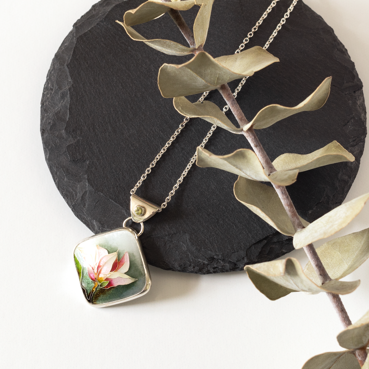 Blooming Magnolia Cloisonné Diamond Pendant with Peridot