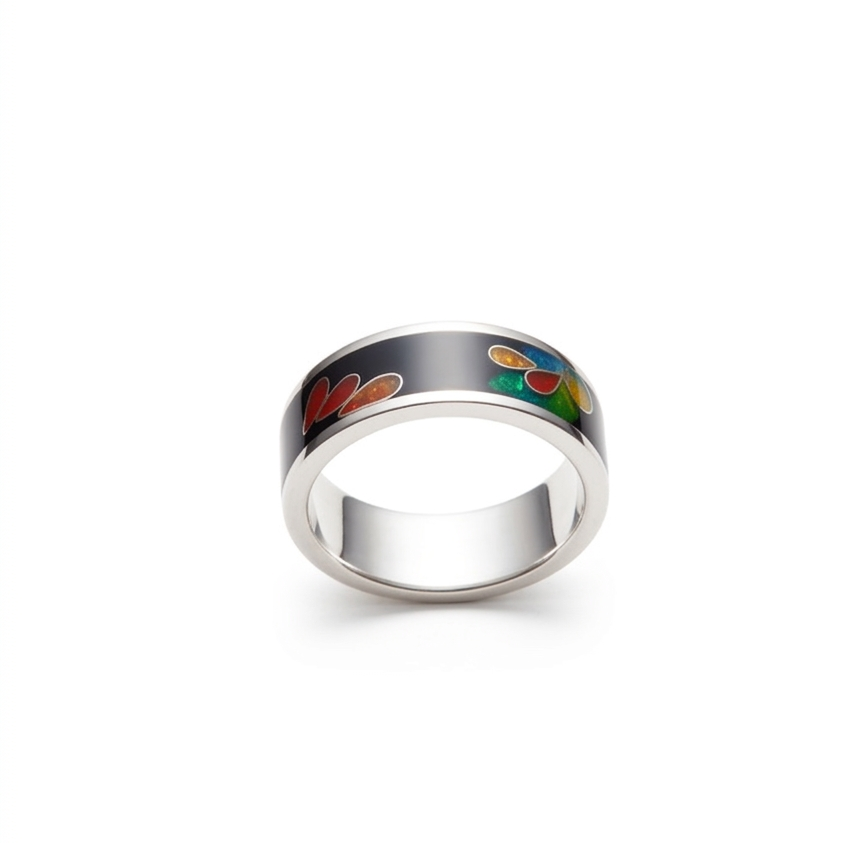 Floral Cloisonné Black Band Ring