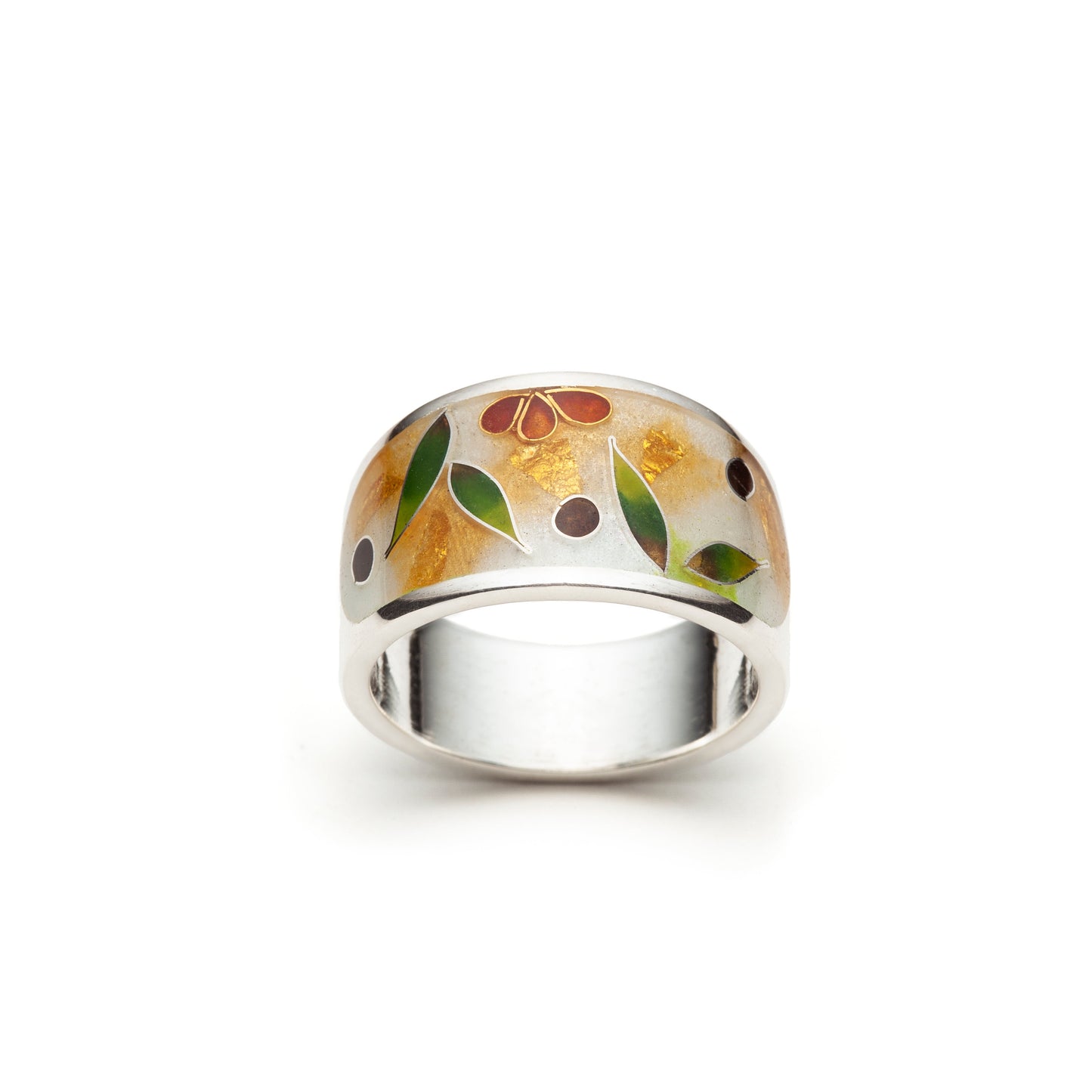 Silver ring with floral design on a white background