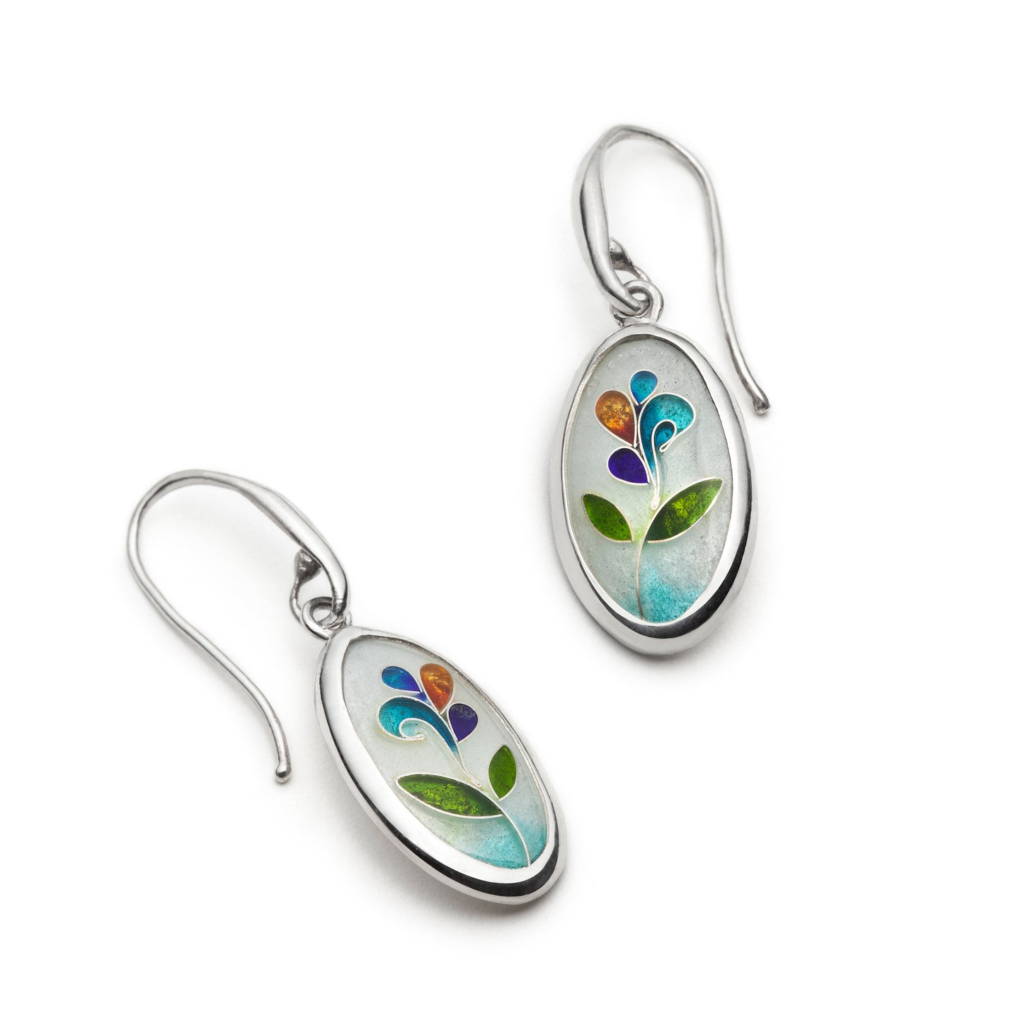 Opalescent White Floral Cloisonné Oval Earrings