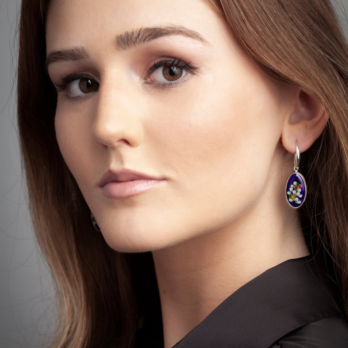Blue Spring Blossom Cloisonné Oval Earrings