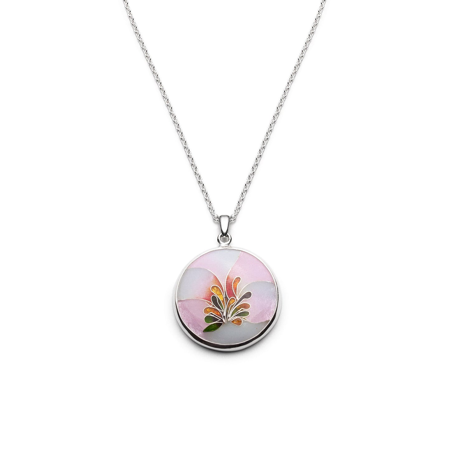 Necklace with a round pendant featuring floral design on a white background