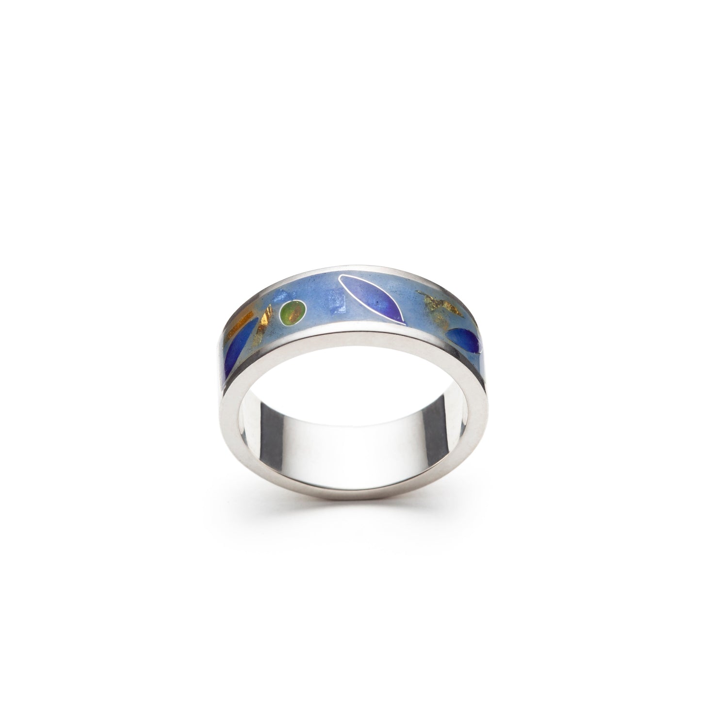 Silver ring with blue and green floral design on a white background