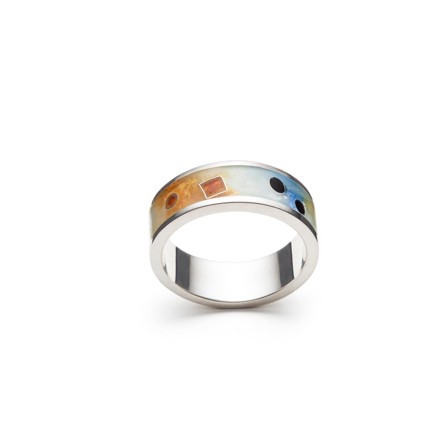 Silver ring with a colorful band on a white background