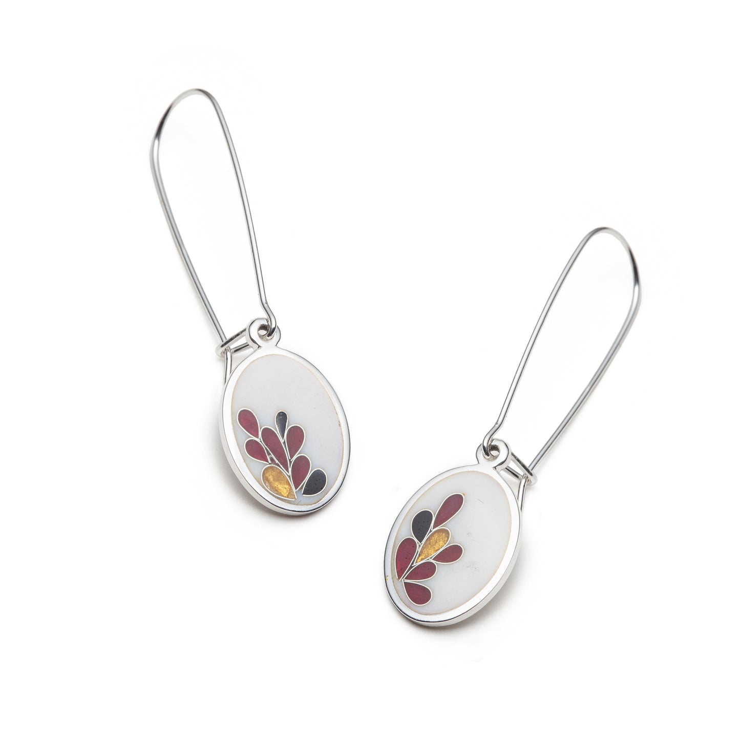 White Oval Floral Cloisonné Drop Earrings