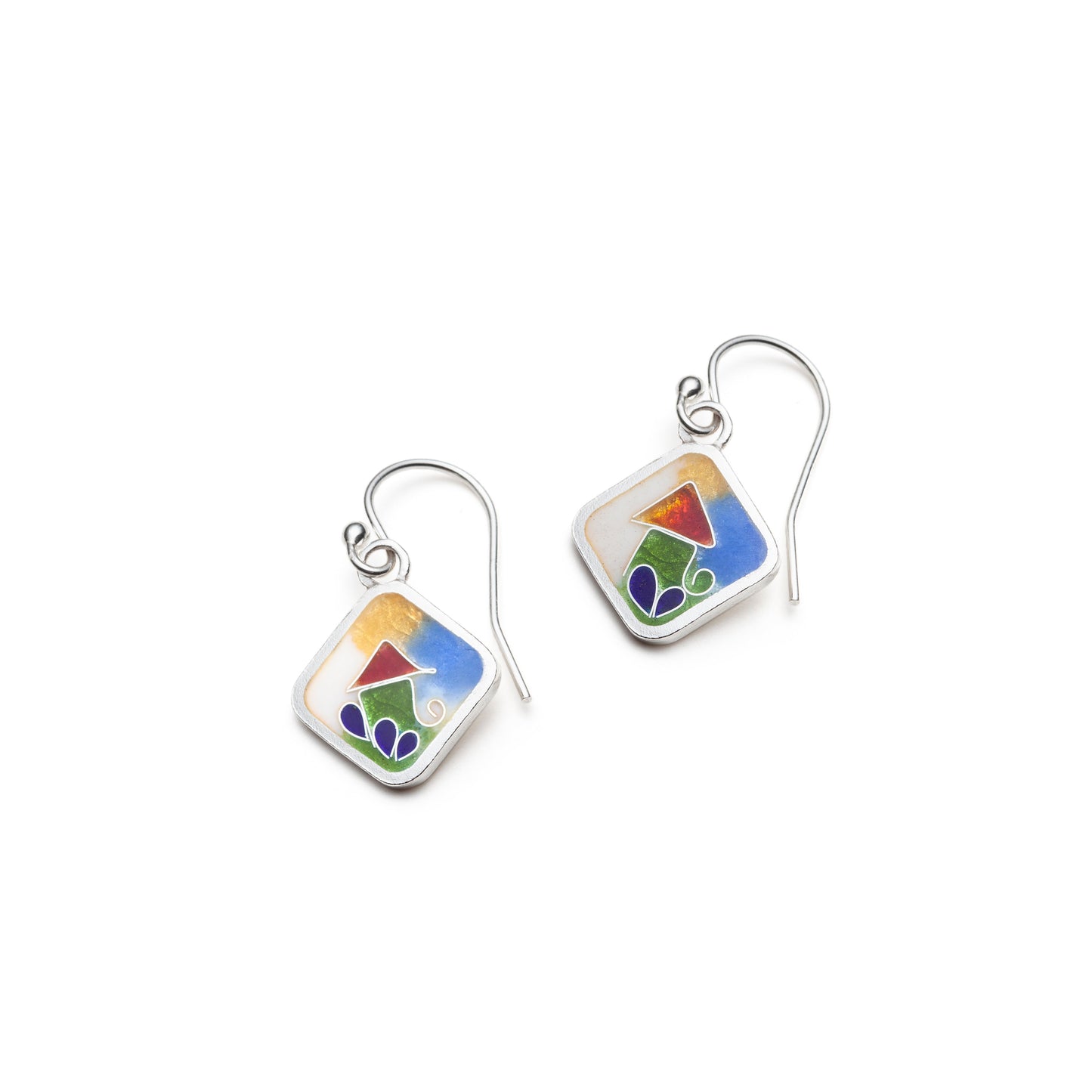 Colorful square earrings on a white background
