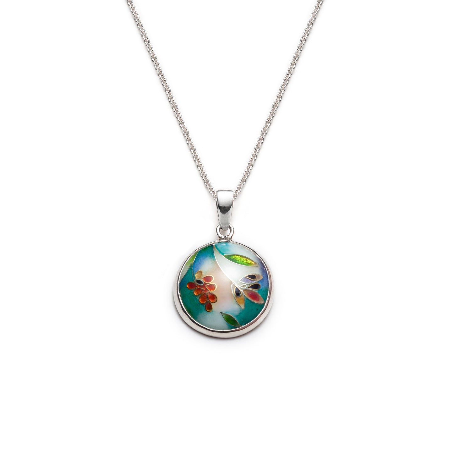 Necklace with a round pendant featuring floral design on a white background