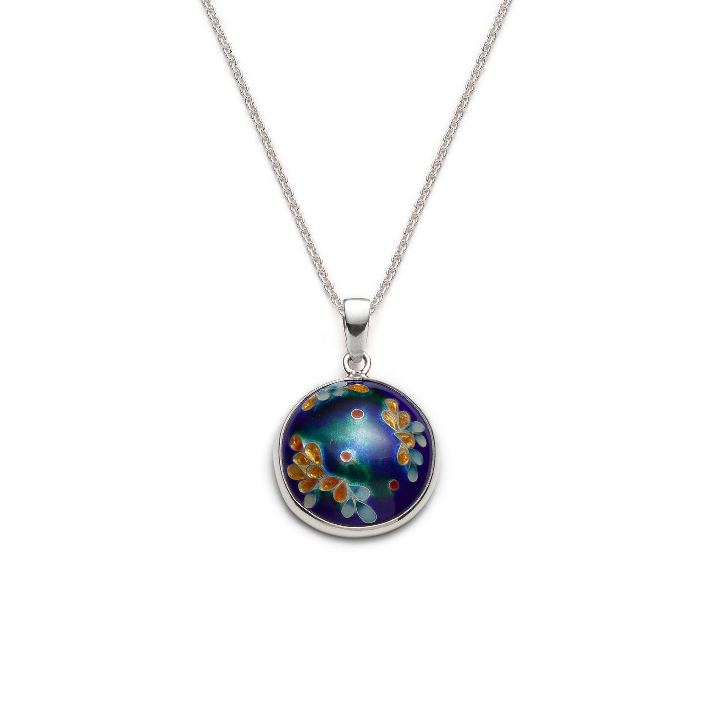 Necklace with a round pendant featuring floral design on a white background