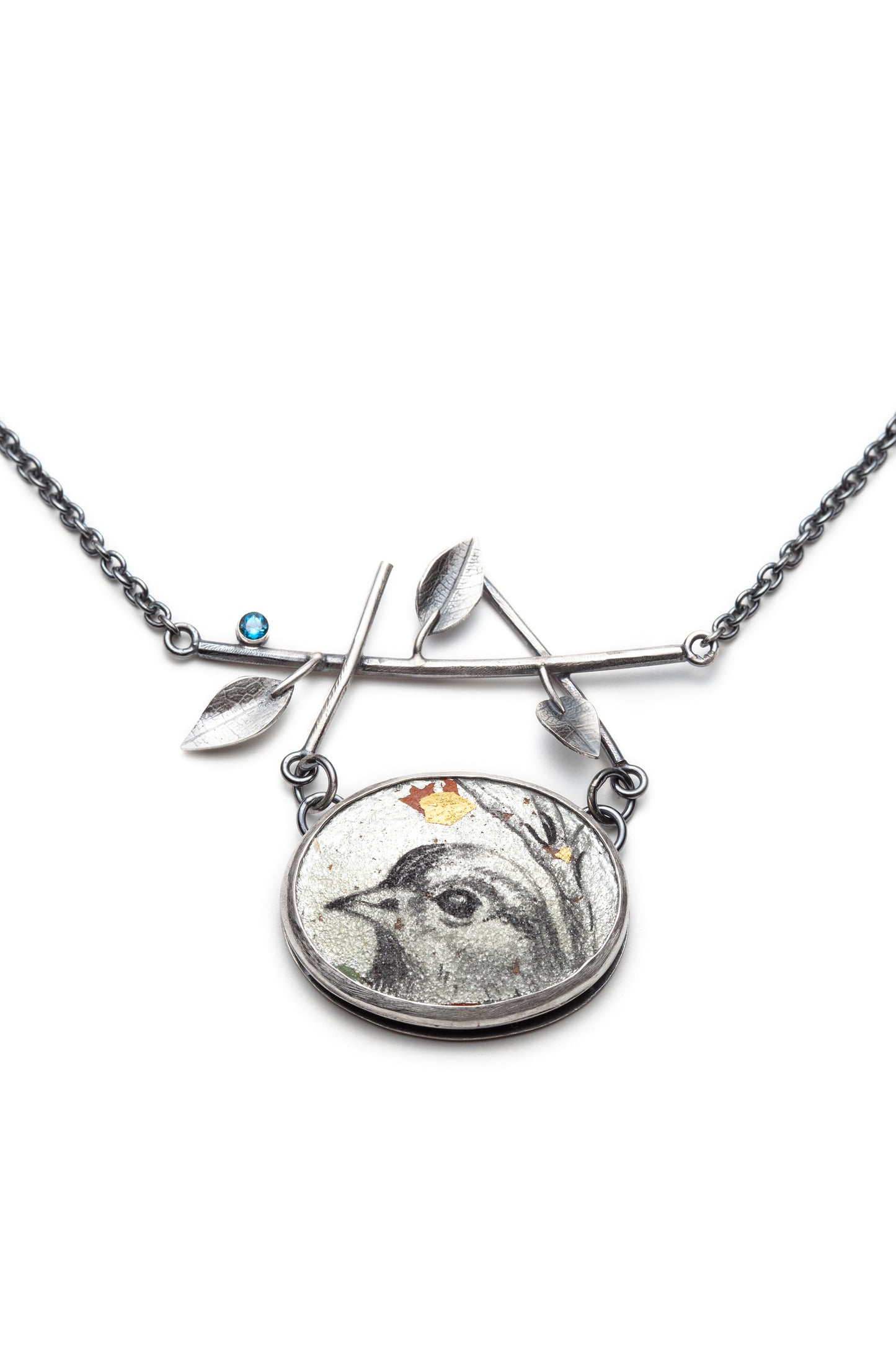 Silver Bird Pendant with London Blue Topaz and 24K Gold Leaf