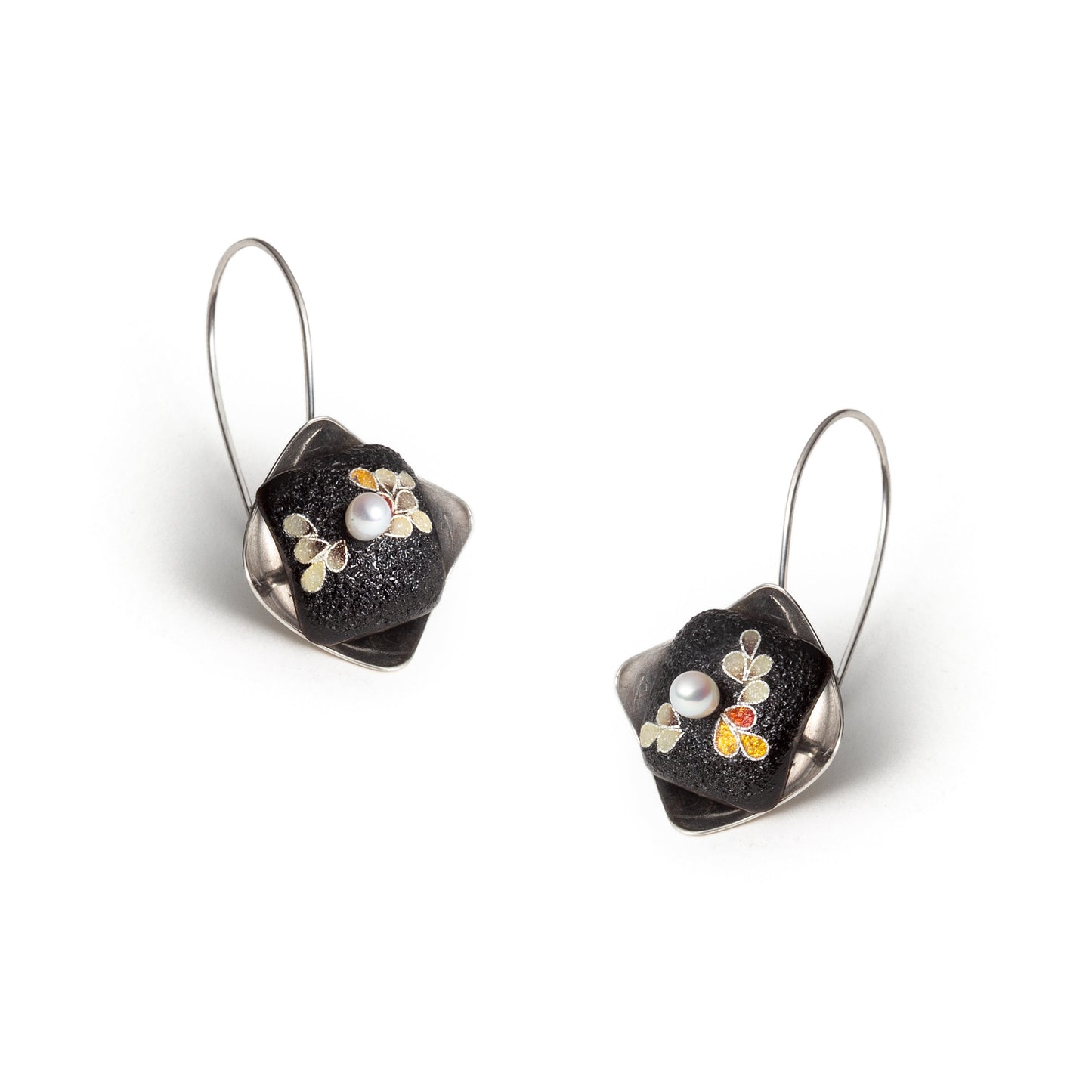 Black Petal Cloisonné & Pearl Drop Earrings
