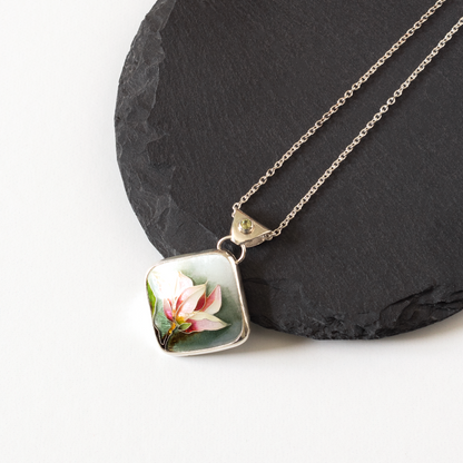 Blooming Magnolia Cloisonné Diamond Pendant with Peridot
