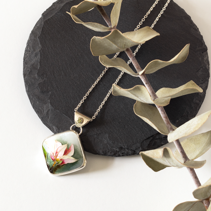 Blooming Magnolia Cloisonné Diamond Pendant with Peridot