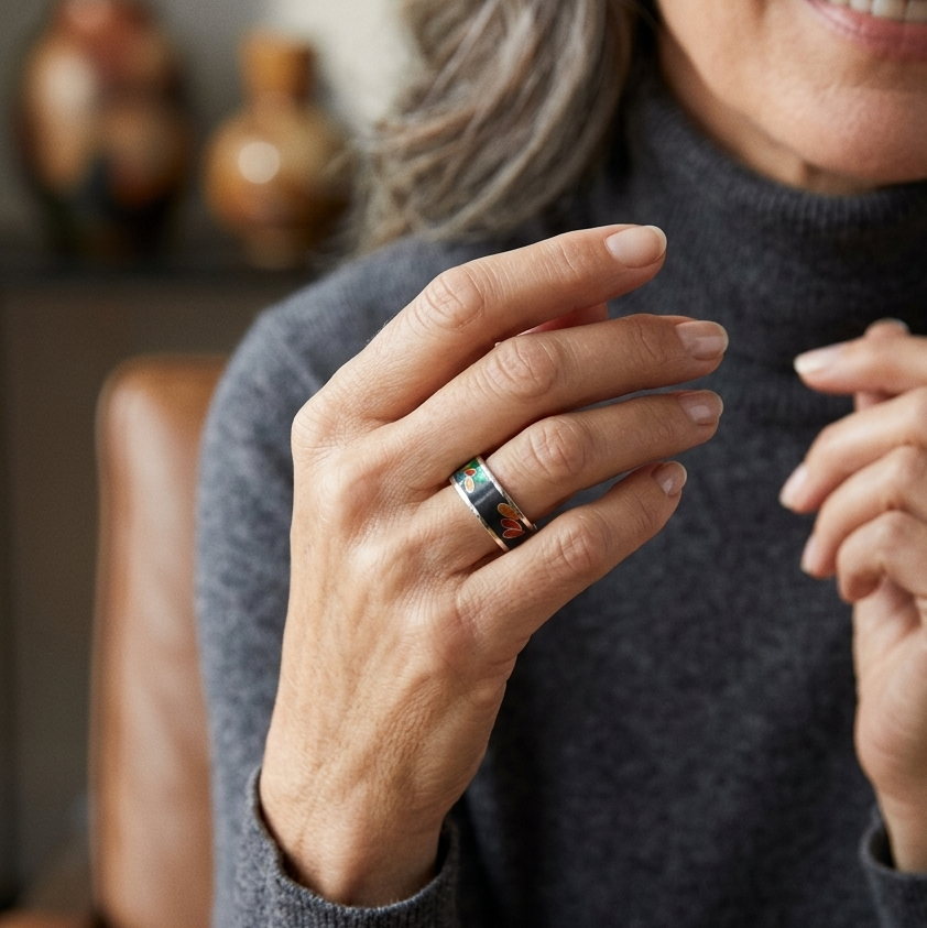 Floral Cloisonné Black Band Ring