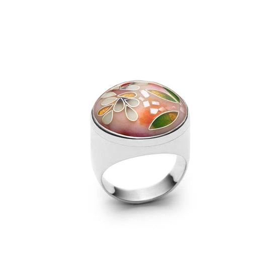 Pink Peony Cloisonné Cocktail Ring with Hidden Petal Detail