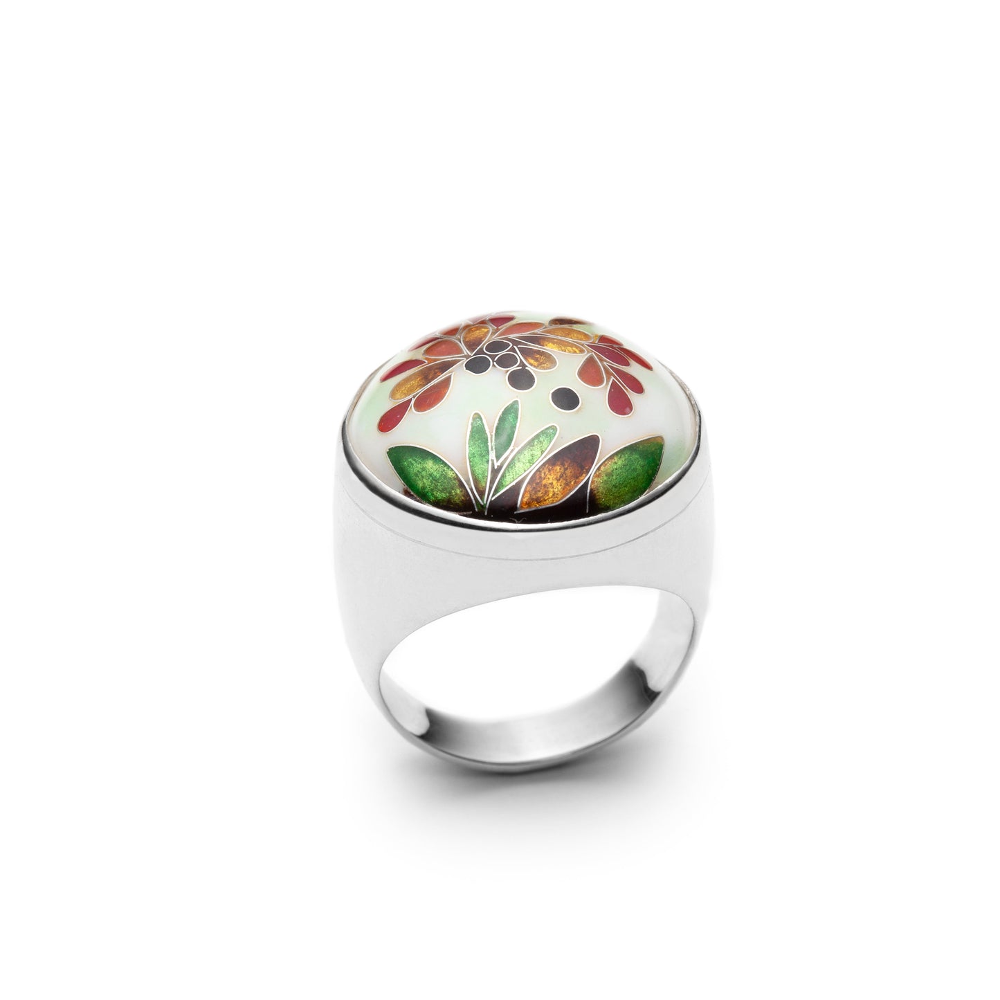 White Floral Cloisonné Cocktail Ring with Hidden Petal Detail