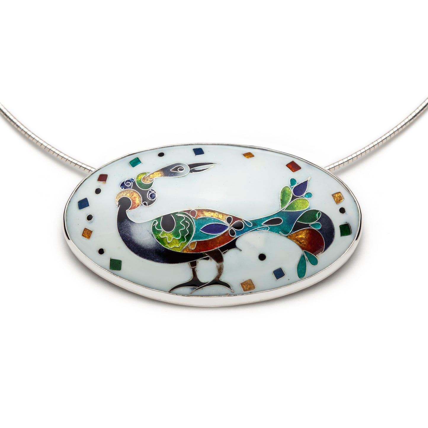 Colorful peacock pendant on a white background