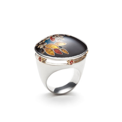 Midnight Bloom Ring with Orange Sapphires & Gold
