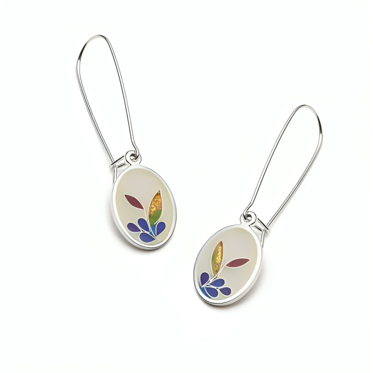 White oval earrings with golden leaves