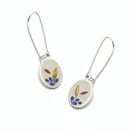 White oval earrings with golden leaves